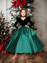 Long Sleeve Velvet Flower Girl Dresses A Line Crystal Satin Formal Dresses for Christmas