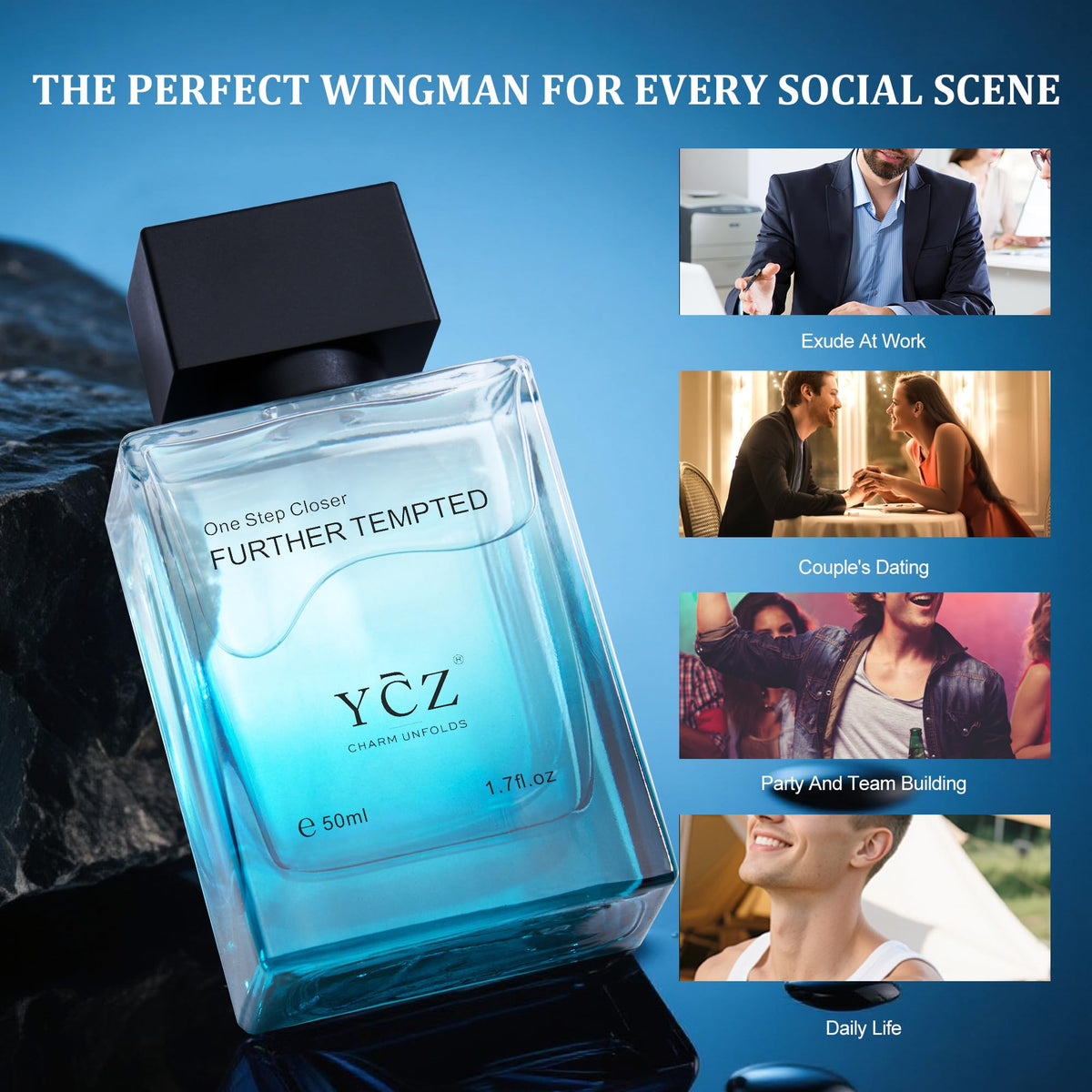 Ycz Midnight Marine Eau de Parfum for Men, 1.7 Fl Oz (50 mL), Long-Lasting Cologne, Fresh Marine & Woody Fragrance with Grapefruit, Ginger and Cedar Notes for Daily Wear, Date Night and Gifts