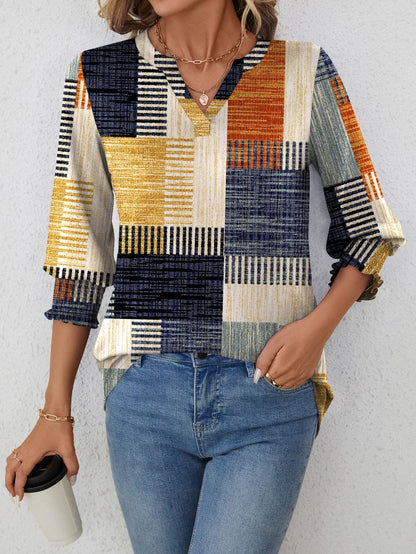 LOMON Blouses for Women Dressy Casual 3/4 Sleeve Tops for Women V Neck T Shirt Ladies Tops and Blouses Orange Blue Print L