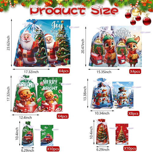 CCINEE 40PCS Christmas Gift Drawstring Bags, Assorted Size Foil Gift Wrapping Bags Reusable Large Medium Small Gift Tie Pouch for Christmas Presents Holiday Party Decoration