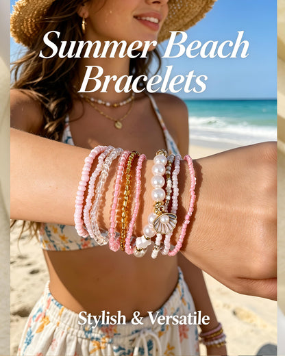 FAXHION Boho Gold Beaded Bracelets for Women, Starfish & Shell Pendant Bracelet Stack, Gold Bracelet Set Summer Beach Jewelry Gifts