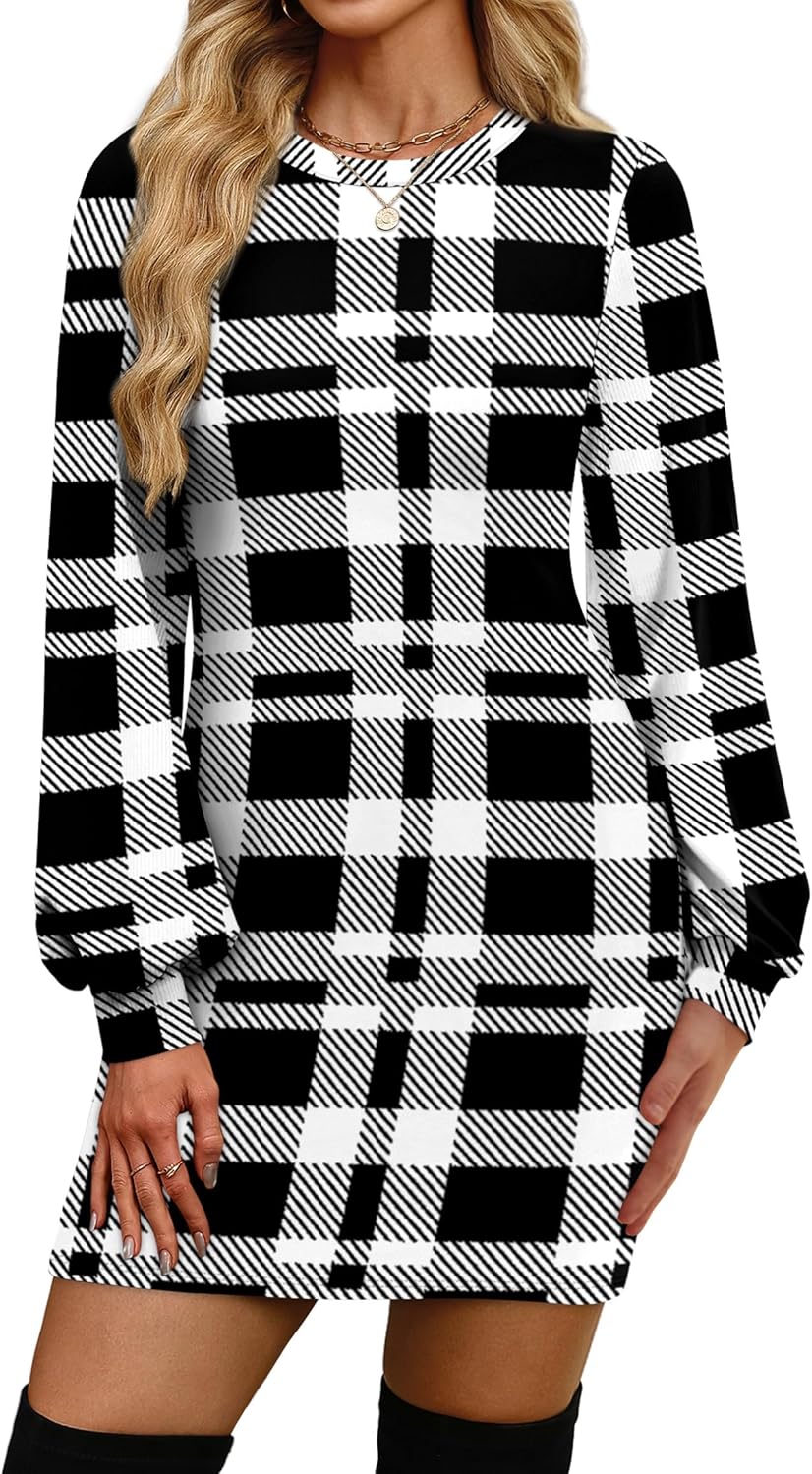 OFEEFAN Sweater Dresses for Women 2025 Fall Winter Puff Long Sleeve Crewneck Bodycon Fleece Ribbed Pullover Fashion Clothing