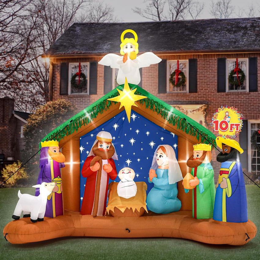 8FT Christmas Inflatables Nativity Scene, Blow Up Christmas Nativity Scene, LED Lighted The Birth of Jesus Scene Inflatables Decor, Christmas Outdoor Inflatable Decor for Xmas Yard Lawn Patio
