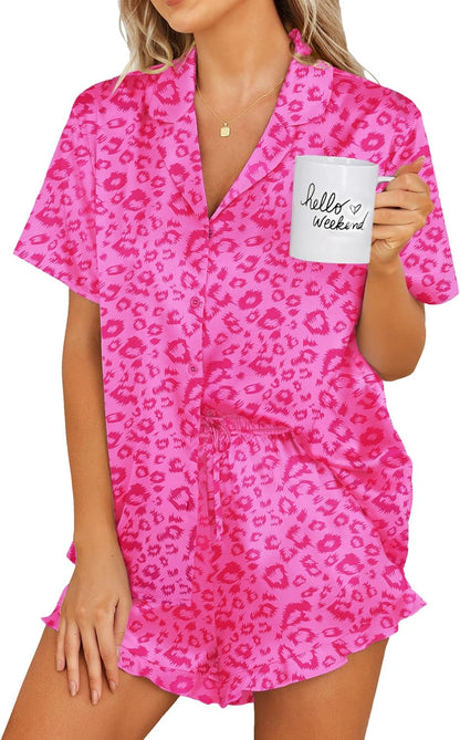 Ekouaer Womens Satin Pajamas Set Button Down 2 Piece Silk Pjs Shorts Set Ruffle Lingerie Notch Collar Sleepwear