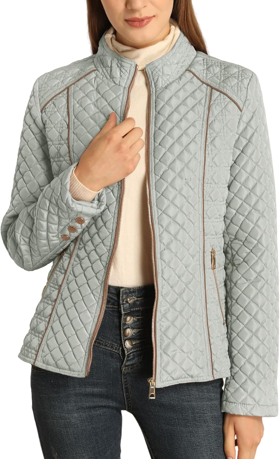 Bellivera Women's Stand Collar Lightweight Quilted Puffer Jacket Padded Zip Coat for Spring and Winter