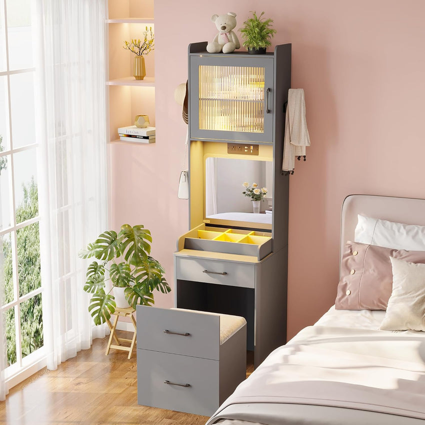 Gurexl 3 in 1 Small Vanity Desk with Lights and Mirror,Tall Lighted Compact Vanity with Charging Station,Makeup Vanity Set with Jewelry Armoire,Glass Top,Wheeled Stool with Storage,3 Drawers