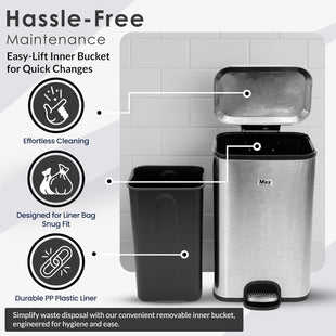 13 Gallon/50 L Trash Can with Lid - Rectangular Smudge-Resistant Kitchen Trash Can With Soft-Close Foot Pedal - Stainless Steel Garbage Can for Kitchen, Bathroom, or Office - Indoor and Outdoor Use