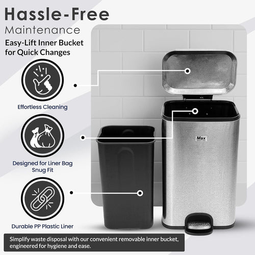 13 Gallon/50 L Trash Can with Lid - Rectangular Smudge-Resistant Kitchen Trash Can With Soft-Close Foot Pedal - Stainless Steel Garbage Can for Kitchen, Bathroom, or Office - Indoor and Outdoor Use