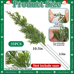 Watayo 45 Pcs Christmas Artificial Pine Branches with Red Berry Stems, 10.5" Faux Evergreen Norfolk Pine Cypress Leaves Stems, Fake Foliage Pine Needles Picks for DIY Craft Garland Home Decor