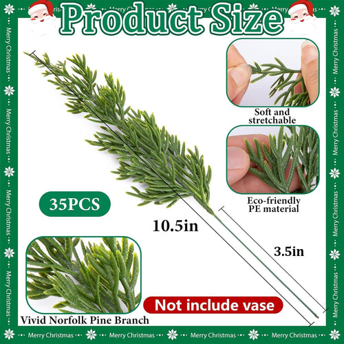 Watayo 45 Pcs Christmas Artificial Pine Branches with Red Berry Stems, 10.5" Faux Evergreen Norfolk Pine Cypress Leaves Stems, Fake Foliage Pine Needles Picks for DIY Craft Garland Home Decor