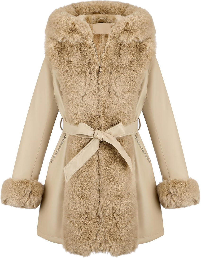 RISISSIDA Luxurious Women Winter Fur Lined Coat, Leather Jacket with Hooded Long Fur Collar, Thick Warm Heavy Overcoat Belted