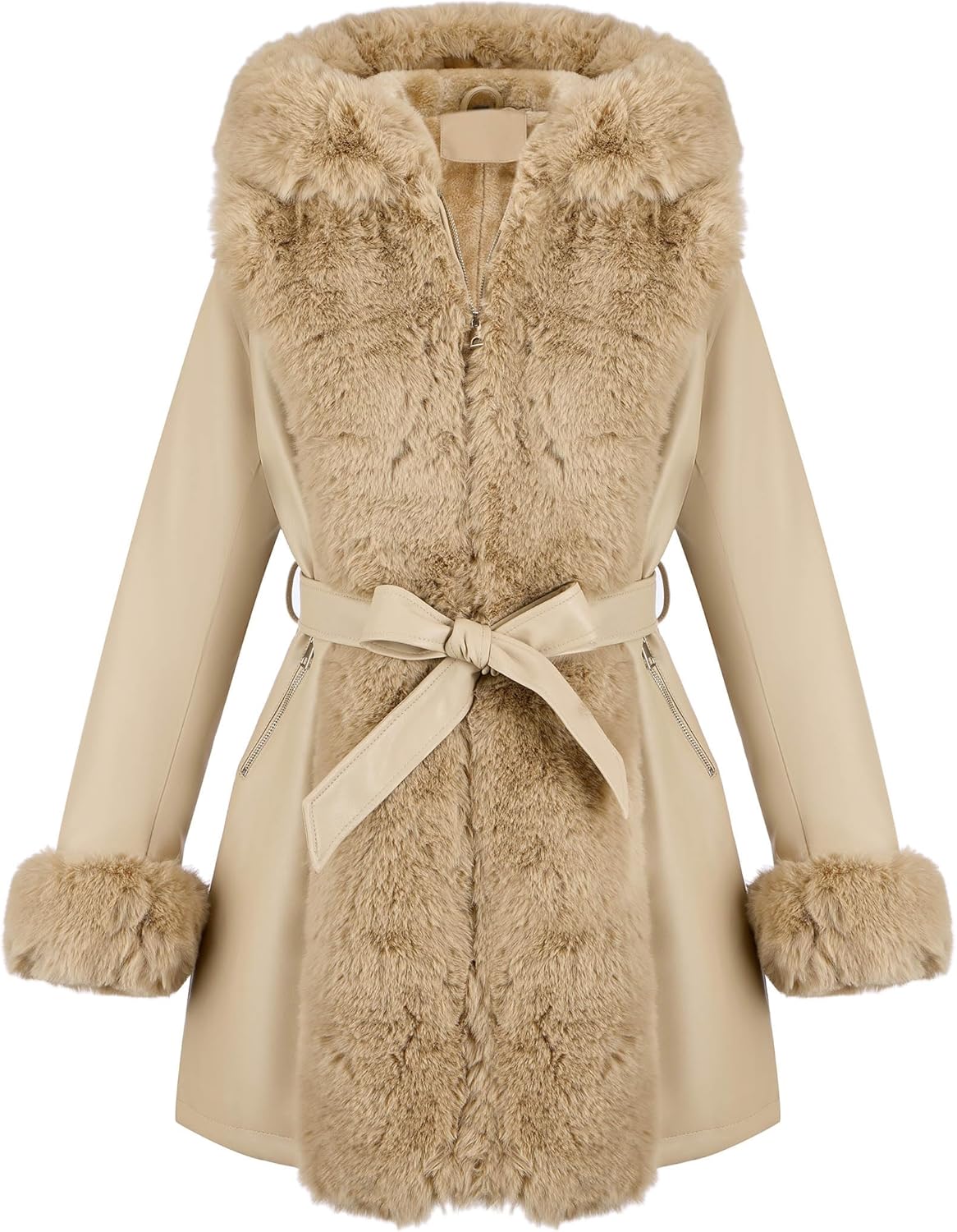 RISISSIDA Luxurious Women Winter Fur Lined Coat, Leather Jacket with Hooded Long Fur Collar, Thick Warm Heavy Overcoat Belted