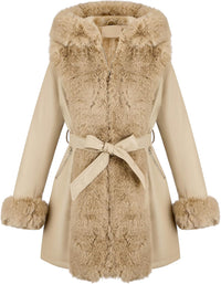 RISISSIDA Luxurious Women Winter Fur Lined Coat, Leather Jacket with Hooded Long Fur Collar, Thick Warm Heavy Overcoat Belted