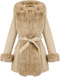 RISISSIDA Luxurious Women Winter Fur Lined Coat, Leather Jacket with Hooded Long Fur Collar, Thick Warm Heavy Overcoat Belted