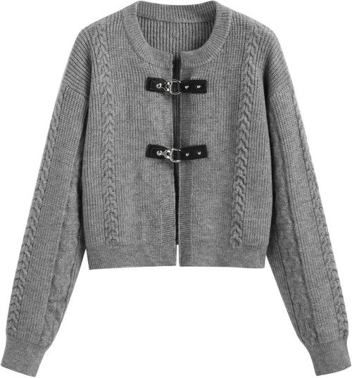 CIDER Cardigan Sweater for Women Round Neck Buckle Sweater Knitted Crop Top Long Sleeve Open Front Outerwear