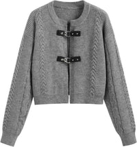 CIDER Cardigan Sweater for Women Round Neck Buckle Sweater Knitted Crop Top Long Sleeve Open Front Outerwear