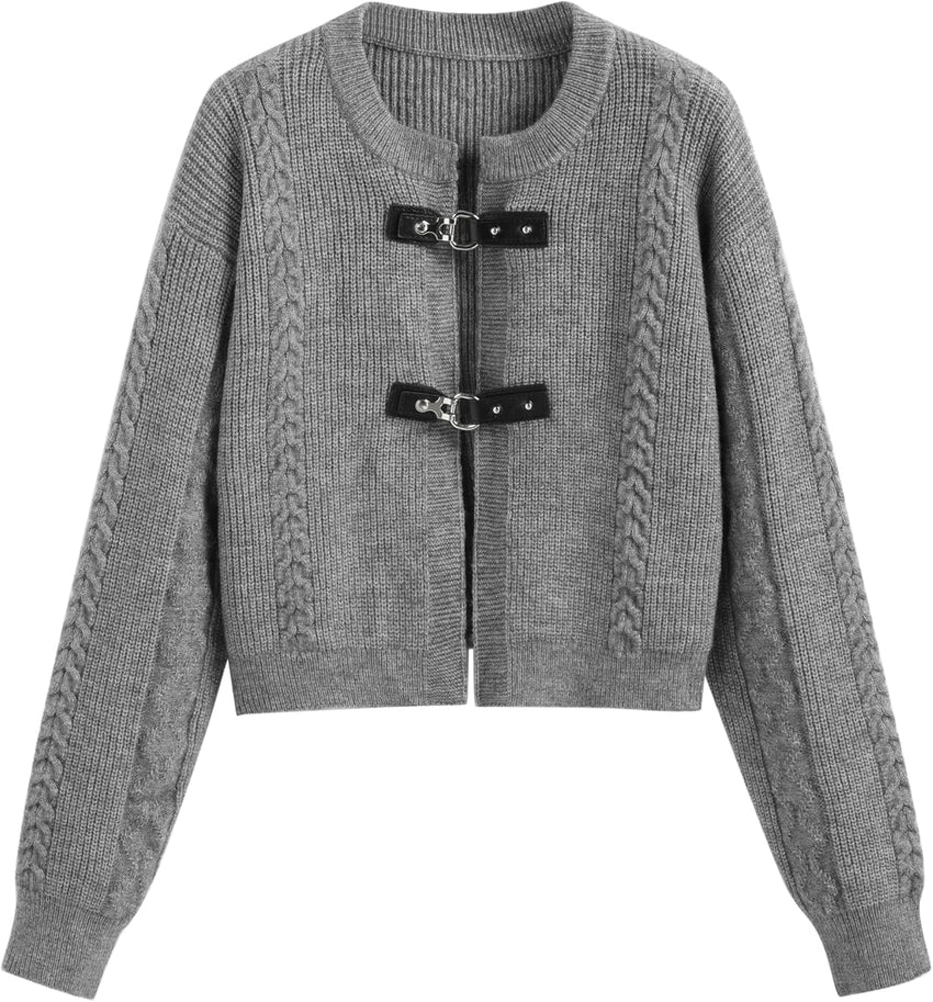 CIDER Cardigan Sweater for Women Round Neck Buckle Sweater Knitted Crop Top Long Sleeve Open Front Outerwear