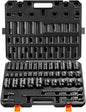 VEVOR Impact Socket Set 3/8" Drive, 48-Piece Standard SAE (5/16 to 3/4 inch) & Metric (8 to 22 mm) Size, Deep & Shallow, 6 Point, CR-V, Extension Bar, Universal Joint, 1/2" F to 3/8" M Reducer