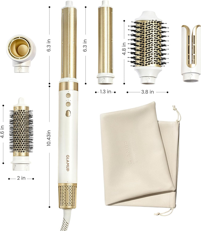 GLAMUP® 6 in 1 Hot Air Styler, Upgraded Long Barrel, Round Brush, Powerful High Speed Dryer, Tight Grip, Curling Volumizing Gift Set with Travel Bag
