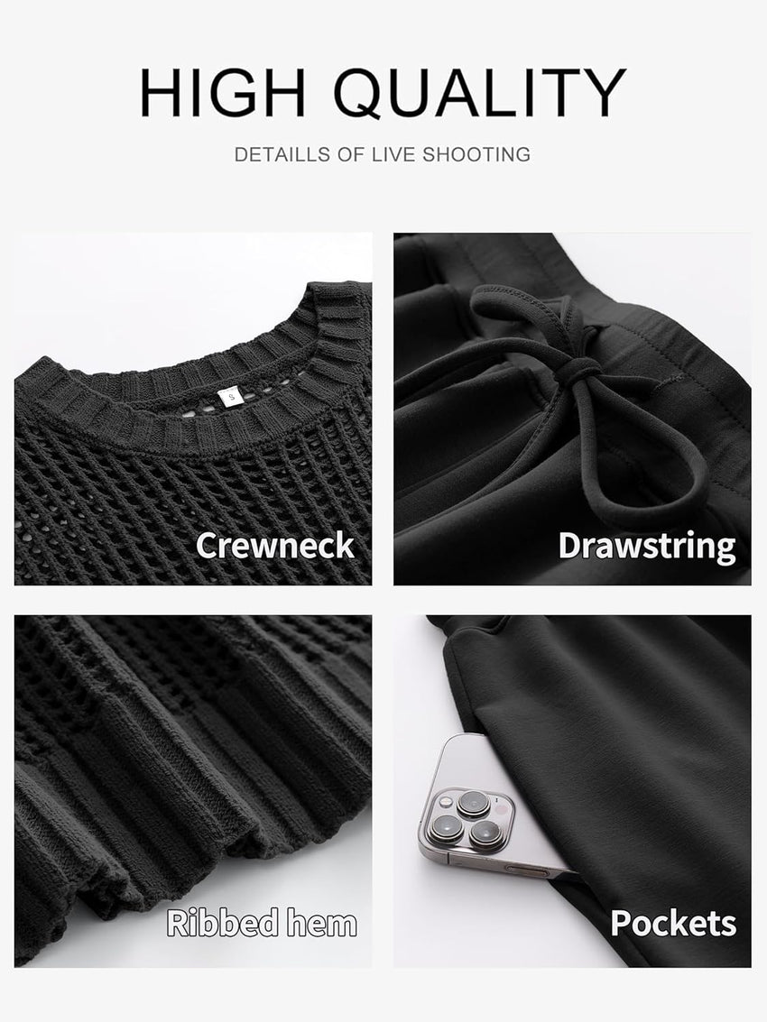 ANRABESS Women Two Piece Outfits Crochet Sheer Knit Sweater Top Wide Leg Pants Lounge Matching Sets Sweatsuit Travel Clothes