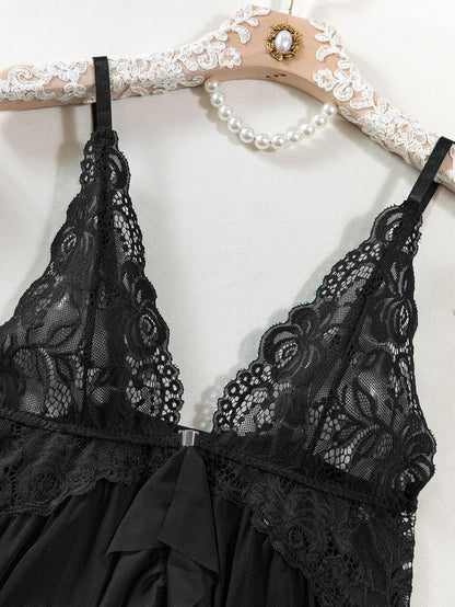 Sexy Open Front V Neck Ruffle Sheer Mesh Lace Wireless Babydoll Lingerie Dress with Thong 2 Piece
