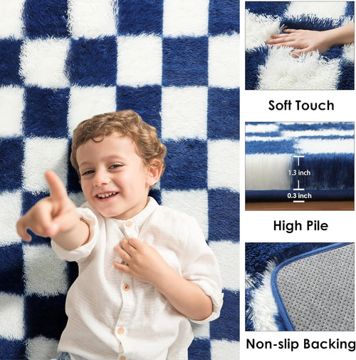 KICMOR Navy Blue and Cream White Rugs for Living Room, 4x6 Fluffy Fuzzy Shag Checkered Rug Shaggy Carpet for Bedroom, Soft Plush Area Rug for Nursery Toddler Room Classroom Study Room Kids Room