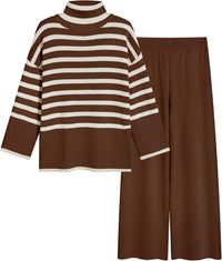 Tanming Women's Sweater Sets Long Sleeve Striped Jumper Tops Casual Knit Wide Leg Pants Sets
