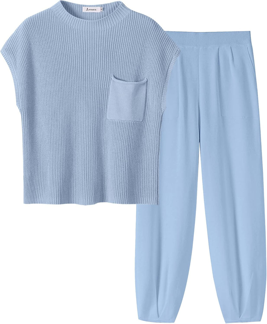 ANRABESS Women's Two Piece Outfits Knit Sweater Vest Crop Top Pants Lounge Matching Tracksuit Sweatsuit Travel Clothes Sets