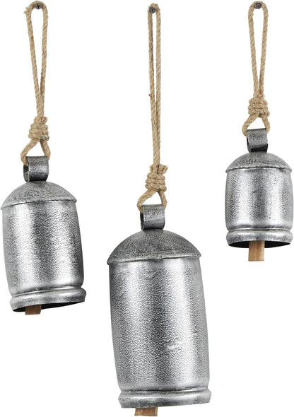 Deco 79 Gold Metal Tibetan Inspired Decorative Giant XL Cow Bells with Jute Hanging Rope, Set of 3 10",8",6"H - Cylindrical