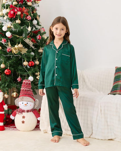 Satin Family Christmas Pajamas Set Soft Button Down Holiday Sleepwear Matching PJs for Couple Men Women Jammies Party