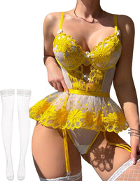 Women Lingerie Set Naughty Lace Bodysuit High Waisted Underwire Lingerie Babydoll With Garter Belt and Stockings