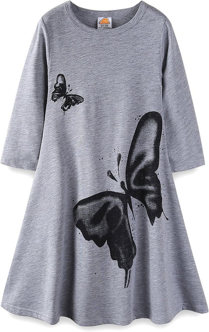 Mud Kingdom Girls Maxi Dress Long Sleeve Cotton Flared Butterfly Casual Spring Autumn A-Lined Dresses