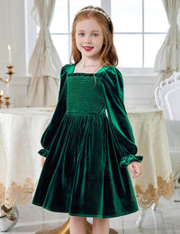 Arshiner Toddler Velvet Dress Girls Smocked Square Neck Puff Long Sleeve Party Dresses with Pockets 3-8Y