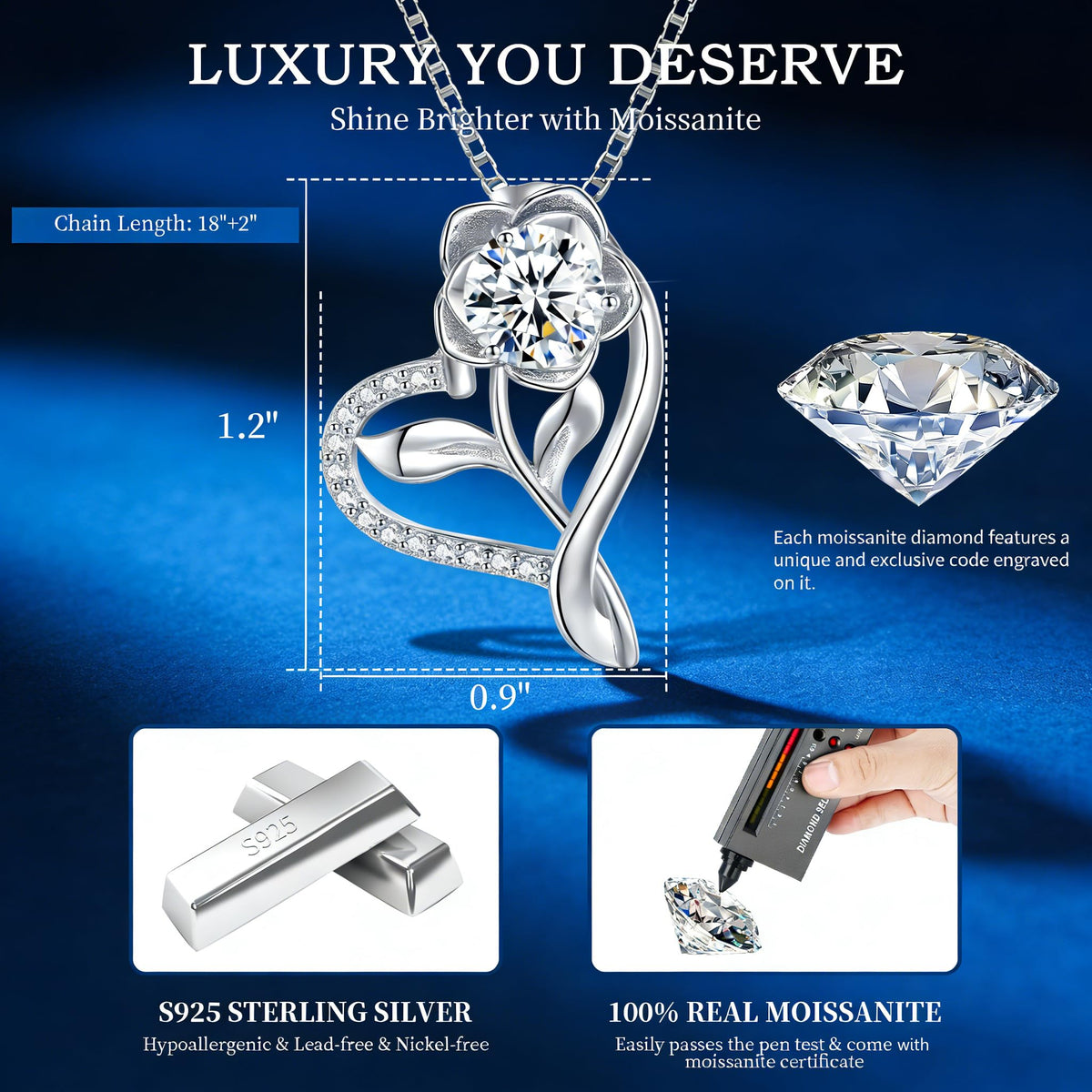Luxury Moissanite Heart Necklace for Women – 925 Sterling Silver Heart Pendant, Sparkling Jewelry Gift for Wife, Girlfriend, Mom & Daughter