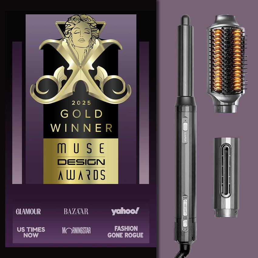 GLAMUP® FusionPro™ 6 in 1 Hot Air Styler- Wrap Curler & Thermal Brush Straightener, High Speed Hair Dryer, Round Brush, Volumizer, Hair Styling Gift Set with Travel Bag, Blow Dryer Brush