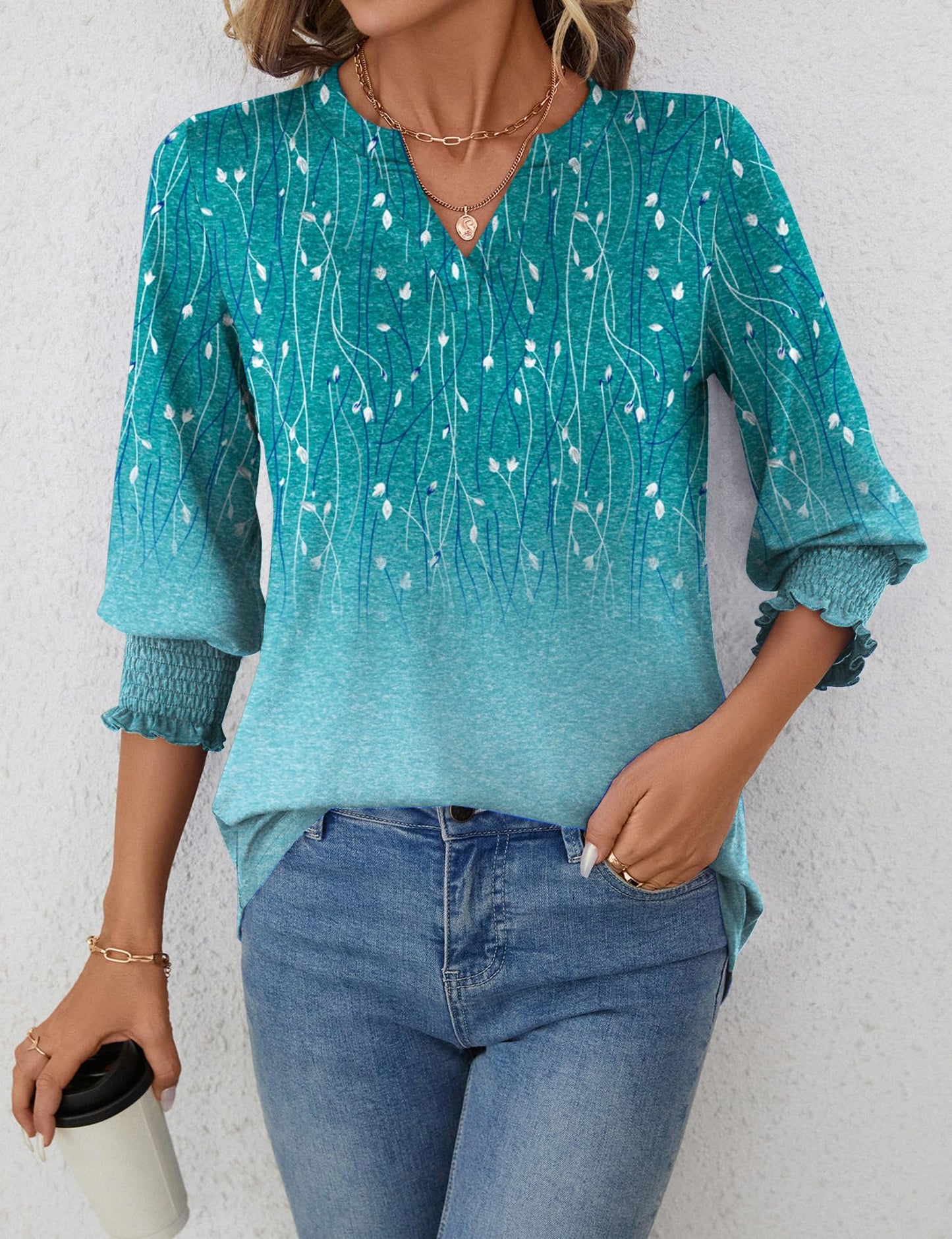 LOMON Blouses for Women Dressy Casual 3/4 Sleeve Tops for Women V Neck T Shirt Ladies Tops and Blouses Orange Blue Print L