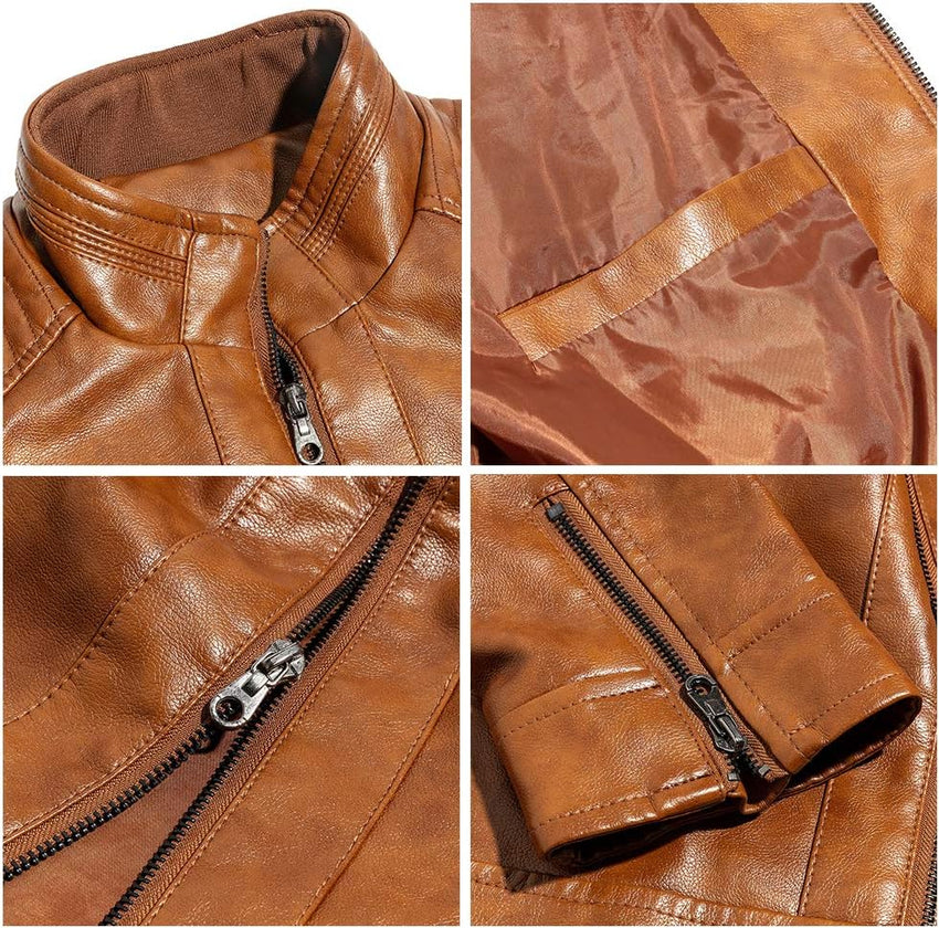 7DAY'S Men's Stand Collar Leather Jacket Motorcycle Lightweight Faux Leather Outwear