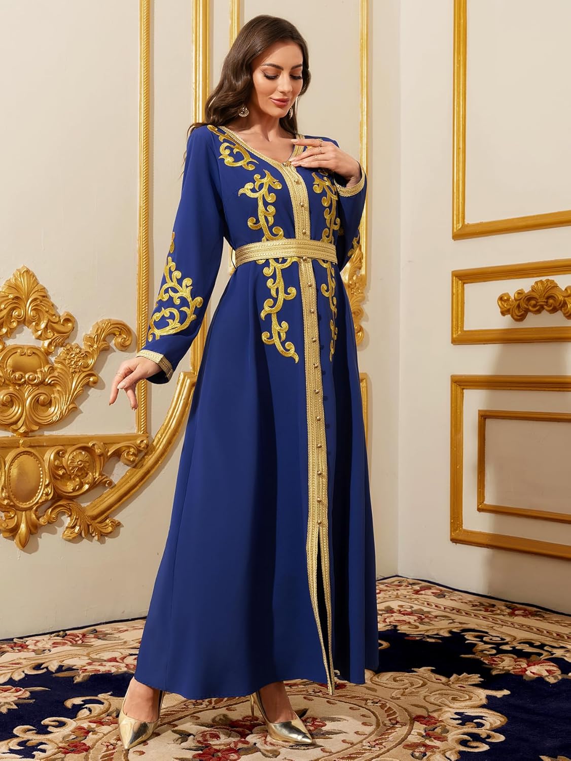 Middle Eastern Modest Maxi Dress - Muslim Moroccan Kaftan Abaya for Women Gold Embroidered Eid Dress Islamic Traditional Wear