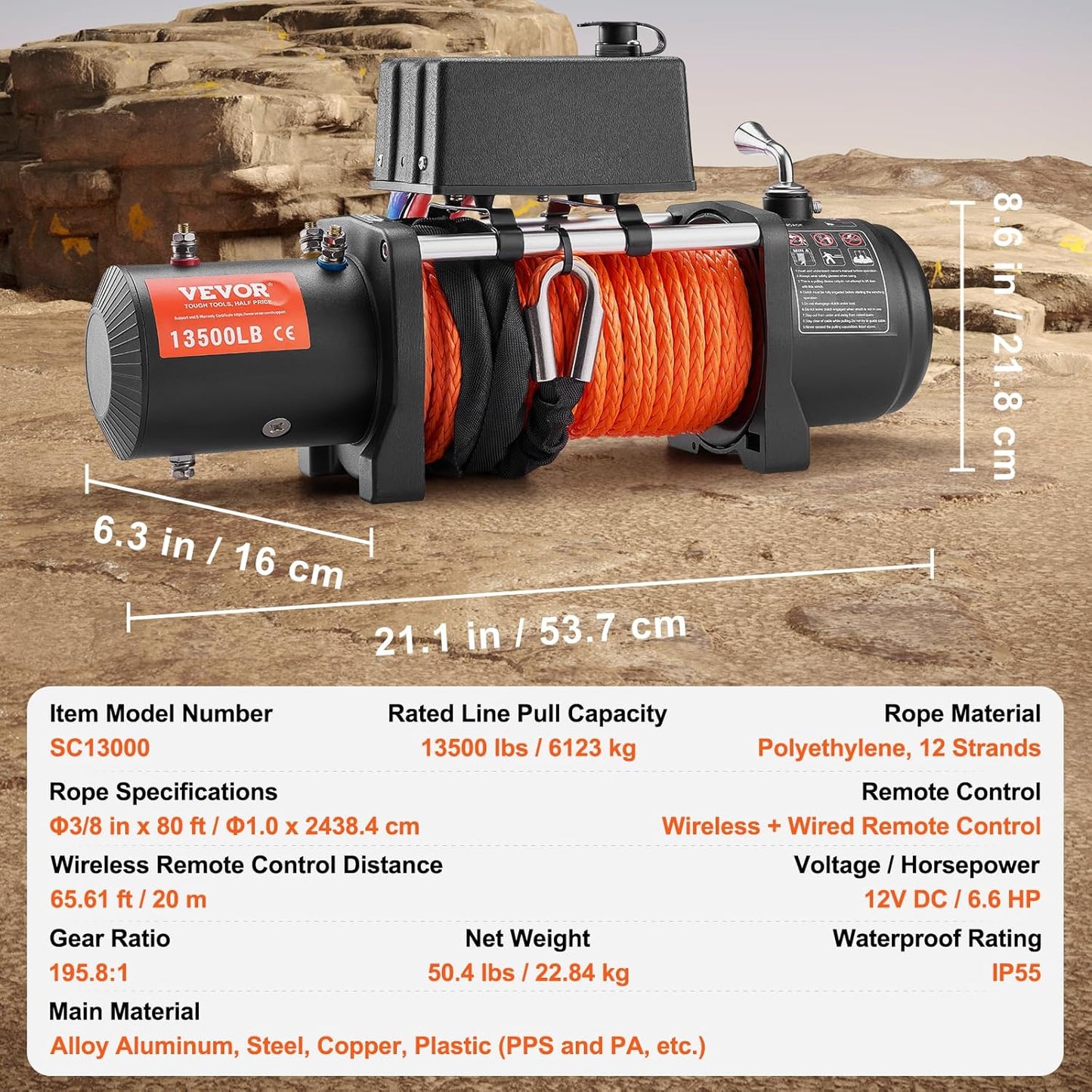 VEVOR 13,500 lb Electric, Truck Winch 12V DC 3/8 in x 80 ft Synthetic Rope Aluminum Fairlead Wireless & Wired Remote Control, 13500 lbs, IP55 Waterproof Towing for Off Road Jeep SUV Boat