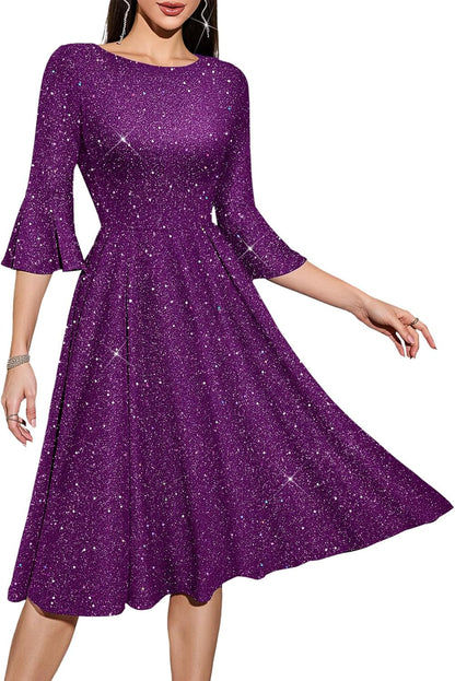 HomRain Women's Long Sleeve Velvet Midi Dresses for Wedding Guest Church Formal Winter Christmas Cocktail Party