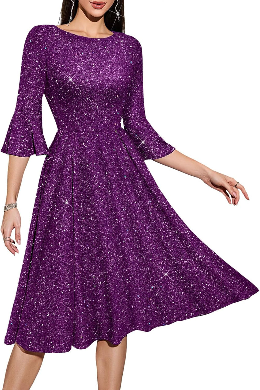 HomRain Women's Long Sleeve Velvet Midi Dresses for Wedding Guest Church Formal Winter Christmas Cocktail Party