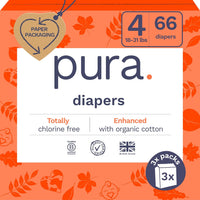 Pura Size 6 Eco-Friendly Diapers (29+ lbs) Hypoallergenic, Soft Organic Cotton, Sustainable, up to 12 Hours Leak Protection, Allergy UK, Recyclable Paper Packaging, 18 Count (Pack of 3) (54 Diapers)