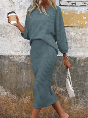 HBQ Women's 2 Piece Sweater Skirt Sets Ribbed Knit Loose Lantern Sleeve Top Midi Skirt Outfit Casual Loungewear Sets