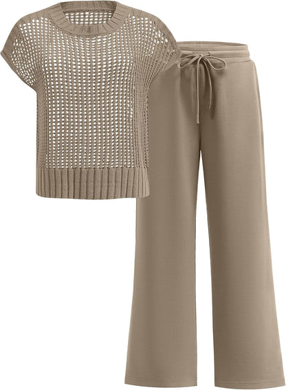 ANRABESS Women Two Piece Outfits Crochet Sheer Knit Sweater Top Wide Leg Pants Lounge Matching Sets Sweatsuit Travel Clothes