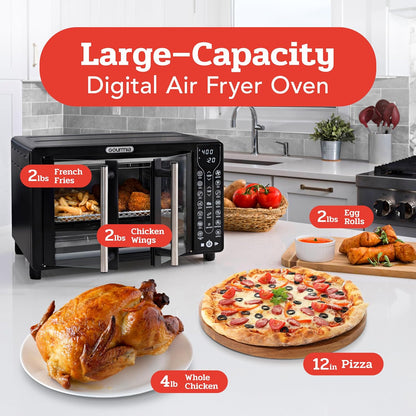 Gourmia Toaster Oven Air Fryer Combo 17 cooking presets 1700W french door digital air fryer oven 24L capacity accessories, convection rack, baking pan tray recipe book GTF7460,Large,Black