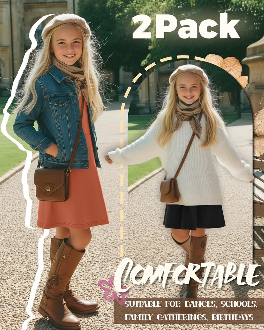 2 Pack Girls Long Sleeve Dress Skater Twirl a Line Crewneck Casual Fall Dresses for Kids 5-14 Years