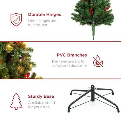 Best Choice Products 6ft Pre-Lit Pre-Decorated Spruce Hinged Artificial Christmas Tree w/ 798 Tips, Pinecones, Berries, 250 Lights, Metal Base