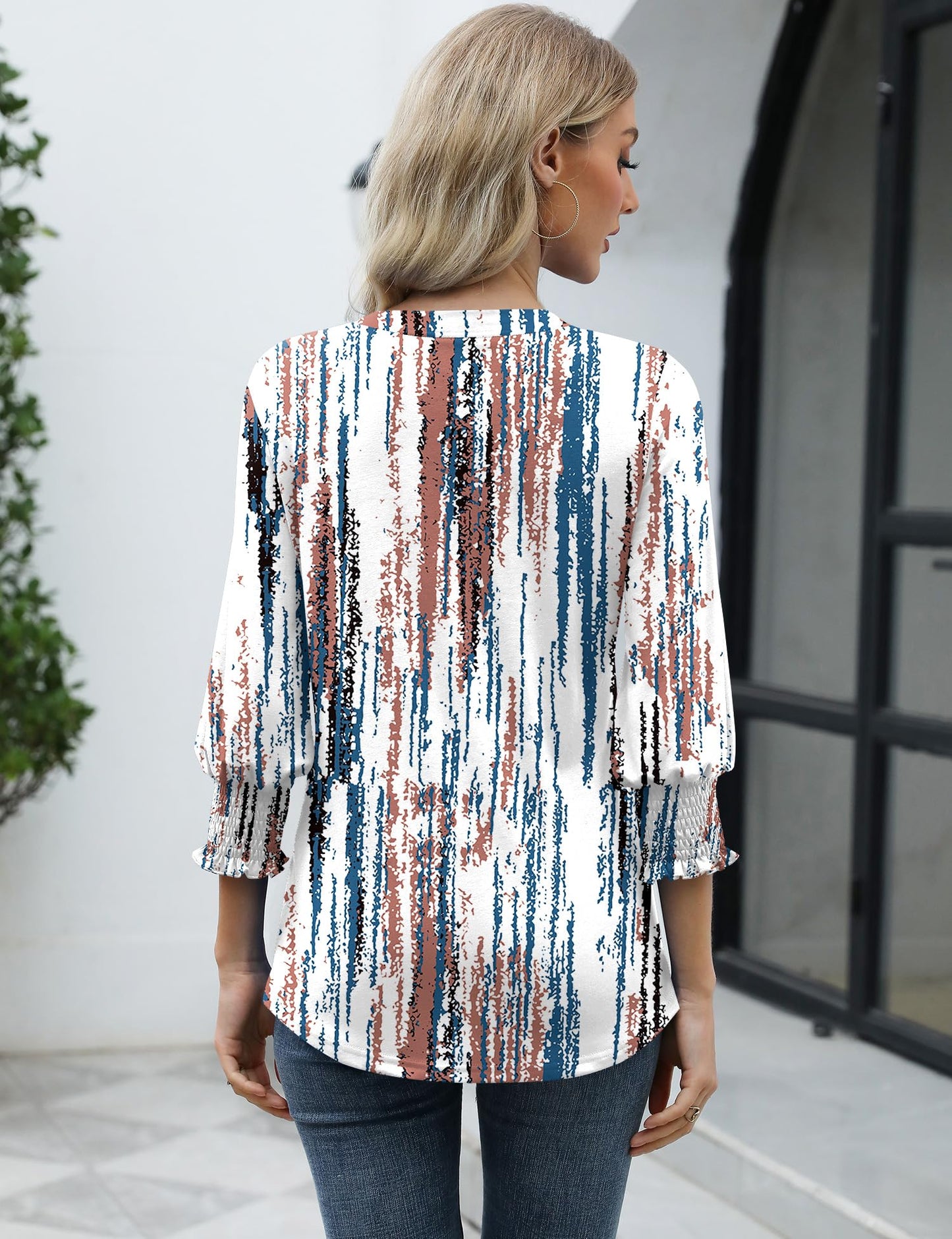 LOMON Blouses for Women Dressy Casual 3/4 Sleeve Tops for Women V Neck T Shirt Ladies Tops and Blouses Orange Blue Print L