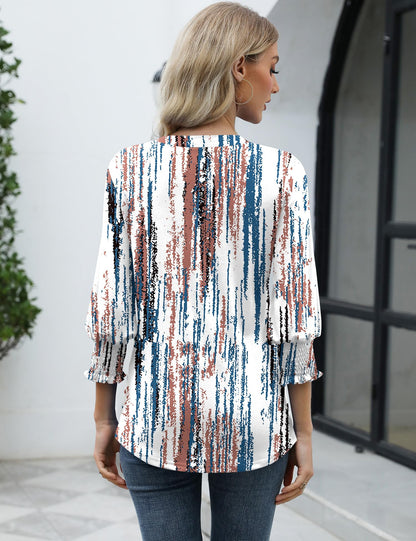LOMON Blouses for Women Dressy Casual 3/4 Sleeve Tops for Women V Neck T Shirt Ladies Tops and Blouses Orange Blue Print L