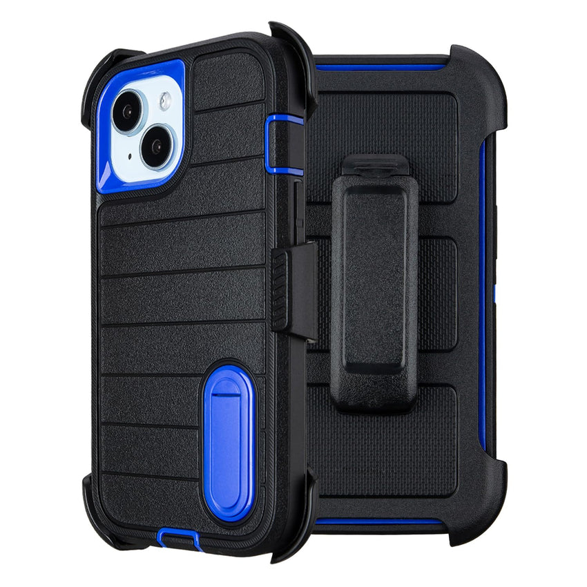 for Rugged iPhone 15 Case with Belt Clip Holster, Military Grade Heavy Duty Shockproof Cover for iPhone15 Case Protective with Stand 6.1 Inch (Black+Blue)